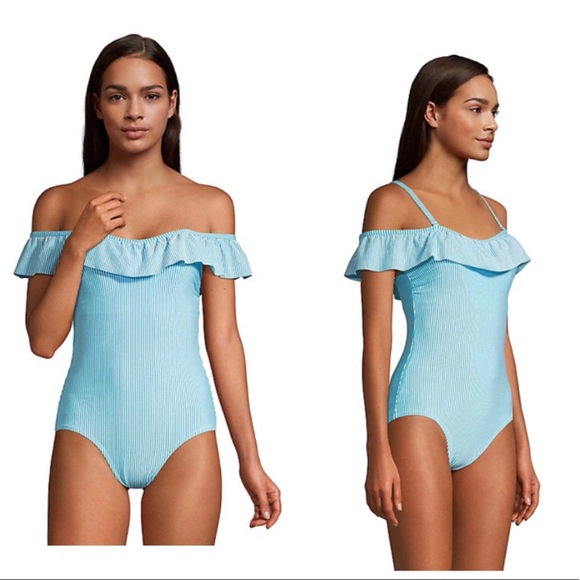Women's Lands' End Tummy Control Seersucker Ruffle Off-the-Shoulder Size 12 - Picture 4 of 16
